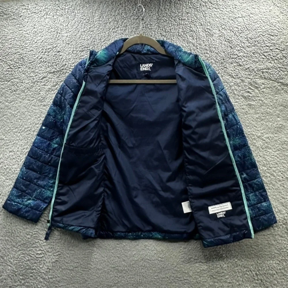Lands End Kids Large (10-12) Galaxy Print Puffer Jacket Blue Teal Star Full Zip